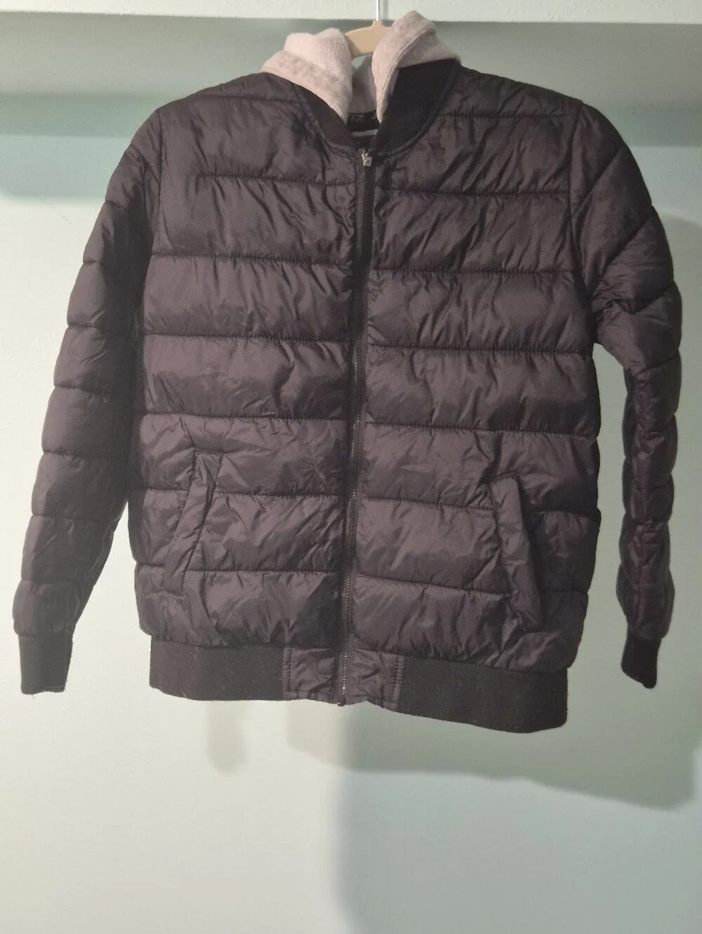Justice Girl's Black Quilted Puffer Jacket with Gray Hood Lining